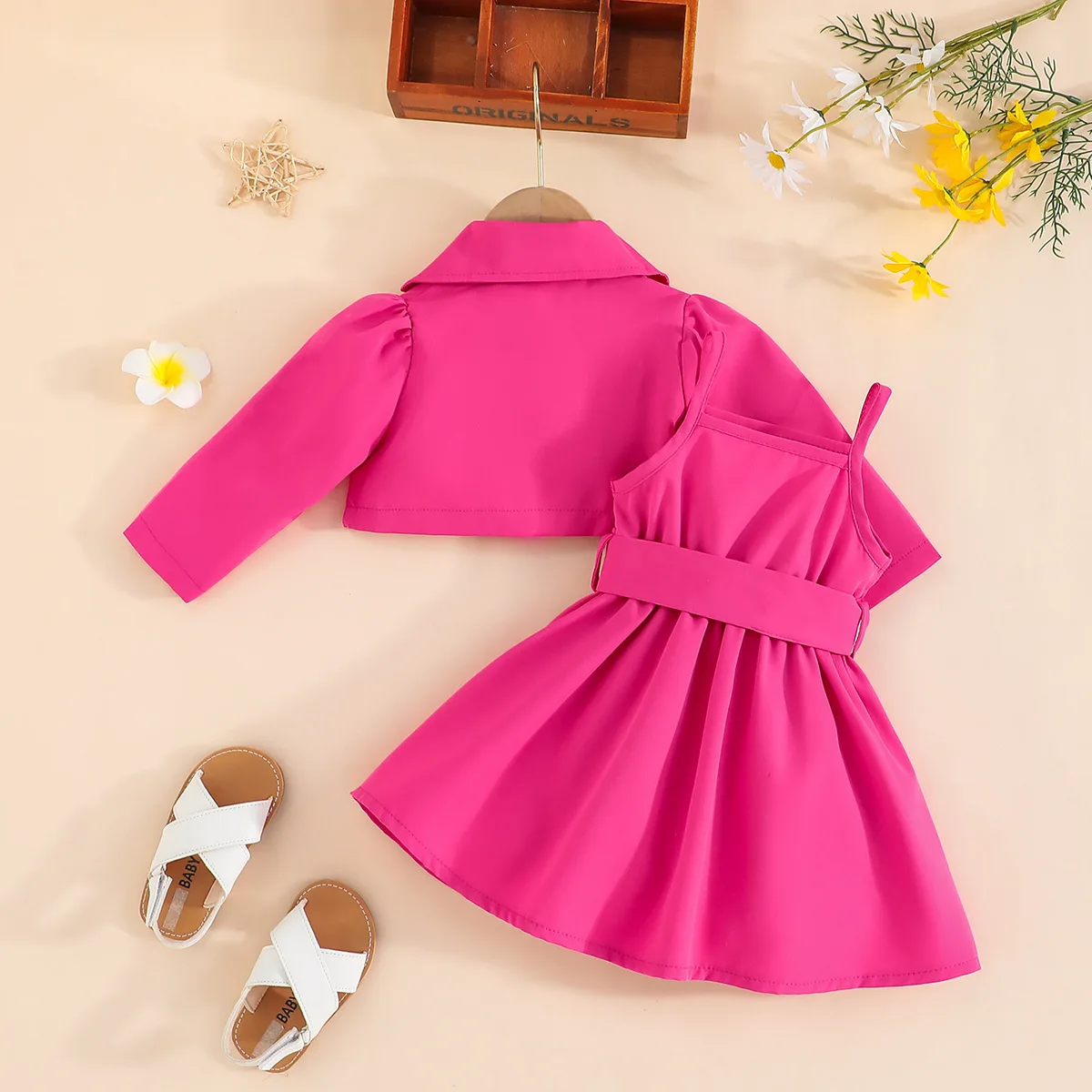 2023 new arrival toddler girls clothing sets sleeveless one-piece girls dresses+lapel coat solid children outfits clothes