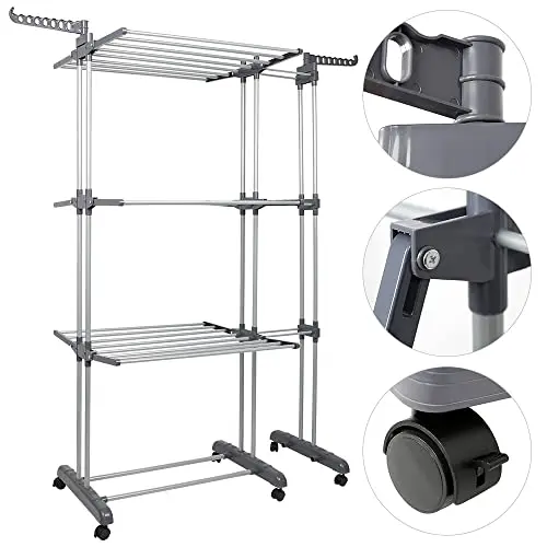 product movable household folding telescopic metal double pole clothes drying rack floor standing towel drying rack-5