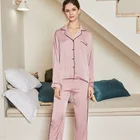 Women Sleep Factory OEM Women Classic Design Long Sleeve Trousers Sleepwear Fashion 2 Piece Pajamas Silk Sleep Wear