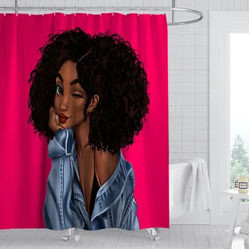 African American Girl Shower Curtain Art Afro Black Woman Bathroom Fabric Waterproof Polyester Bath Curtain with Hooks