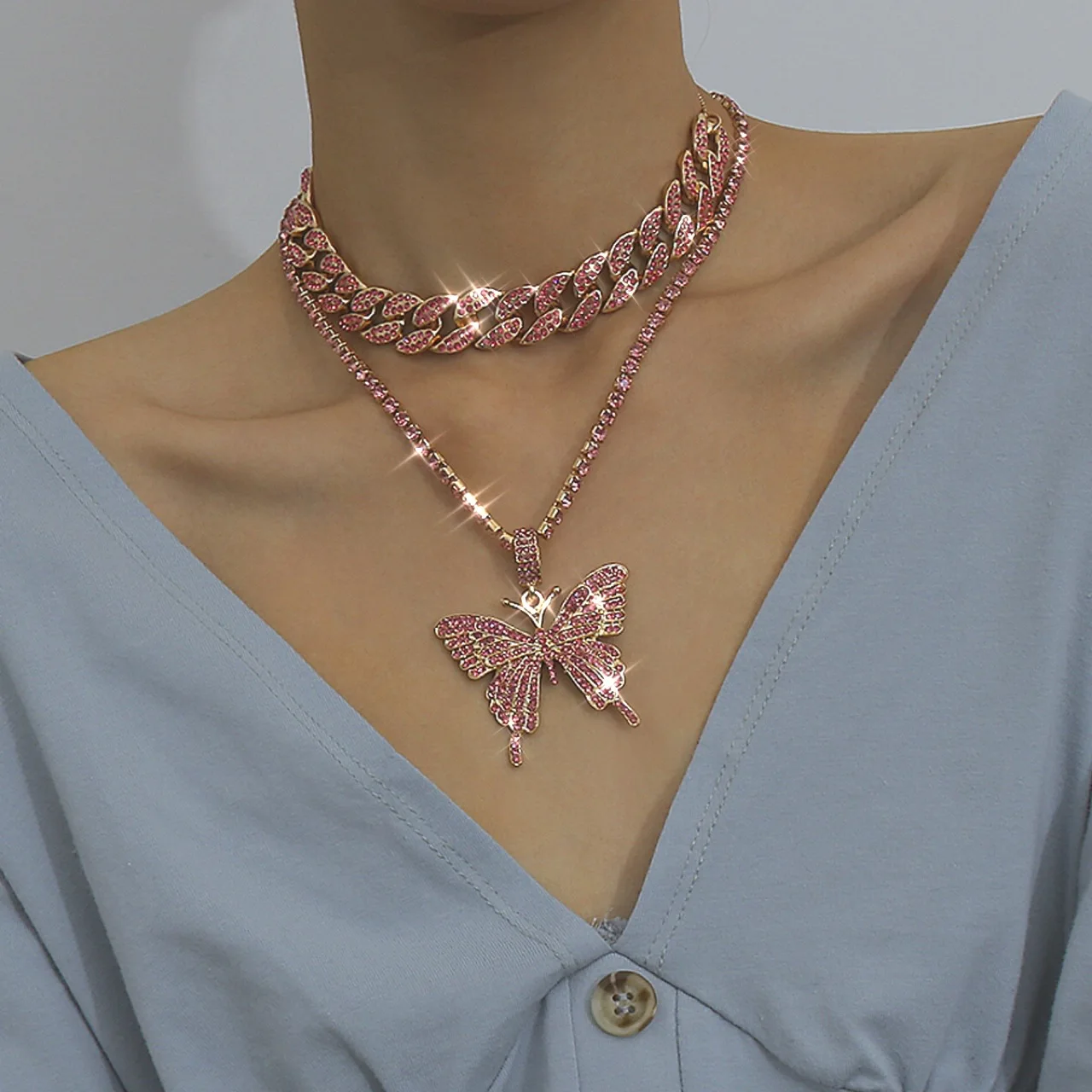 2 Layer Pink Butterfly Necklace 2021 