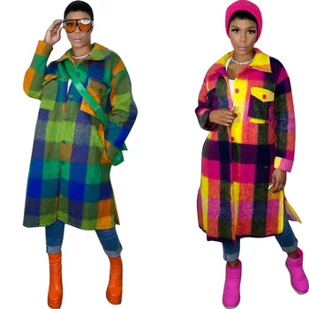 Winter and Autumn Plaid Thicken Lady Loose Woolen Coat Fashion True Size Women Coats Colorful Wool Plaid Long Coat for Women