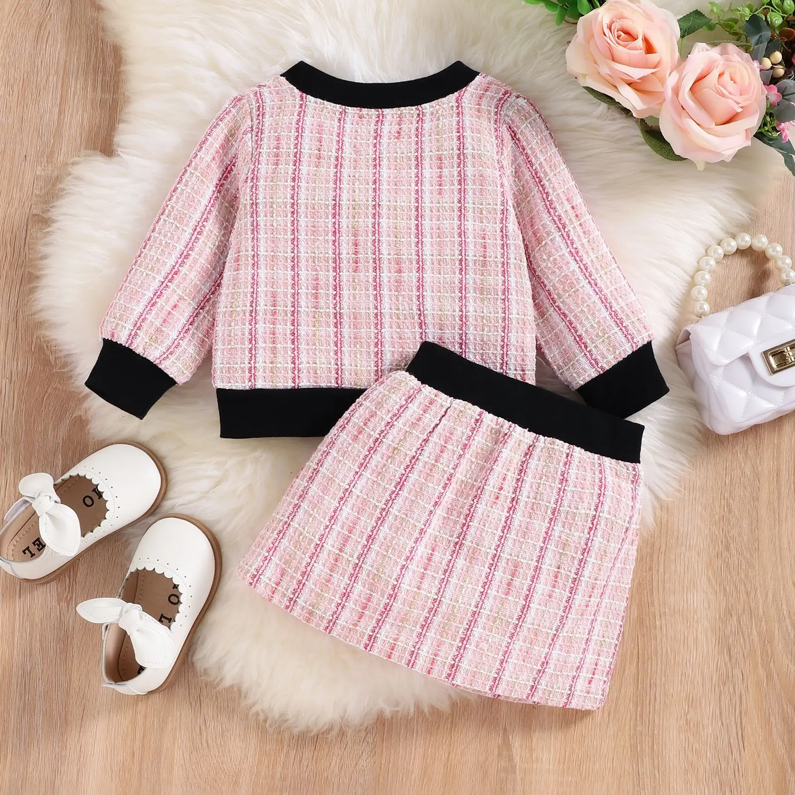 Fashion children kids girl clothing set elegant plaid long sleeves button up cardigan tops toddler girl casual skirt set