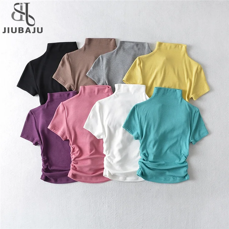 Summer Sexy T Shirts for Women Short Sleeve Tees Casual Slim T Shirt Turtleneck Ruched Top