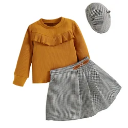 Wholesale autumn children wear kids clothing sets fashion casual little girls dress suits+hat 3pcs kids clothes 4-7Y