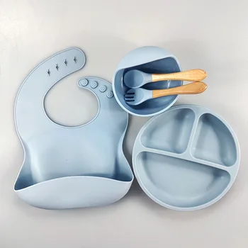 Custom Logo Bpa Free Baby Weaning Feeding Set 5 Pcs Silicone Bib Suction Bowl Baby Plate Set