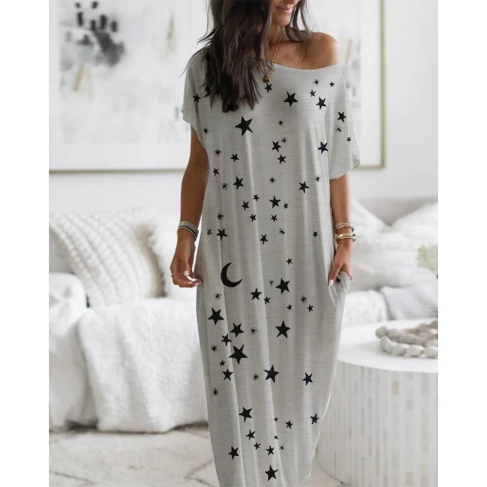 Short Sleeve Fashion Loose Star & Moon Printing Maxi Dress Easy Style Indoor Women Pajamas Dresses Summer