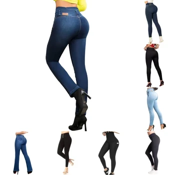 Wholesale customized women's high waisted elastic shaping wide leg jeans with hip lifting design