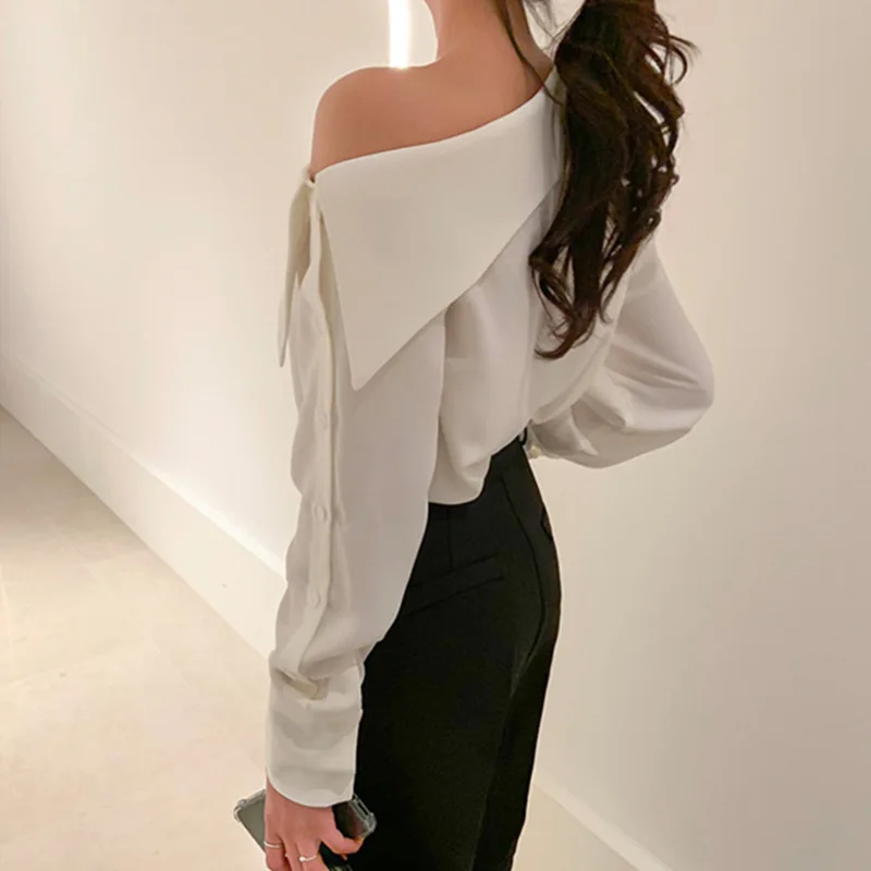 Women's Tops Korean Chic Elegant Oblique Off Shoulder Loose Blouse All-Match Side Button Long Sleeve Solid Color Shirt