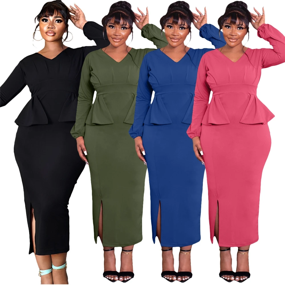 Flare Long Sleeve Shirt Maxi Skirt Sets 2 Outfits Two Piece Clothing Fall Office Suits Set For Women