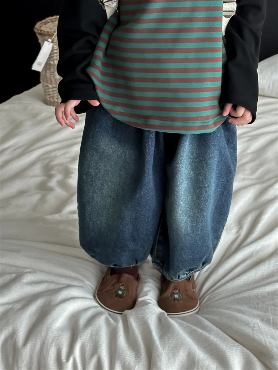 2023  childrens kids blue black autumn new cotton jeans loose denim pants wide-leg pants