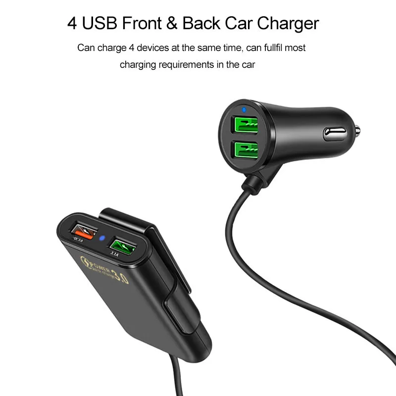 Factory 4 USB Car Fast Charging Charger QC3.0 Universal Travel Adapter Front Rear Back Holder Extension Rear Car Carrier Charger