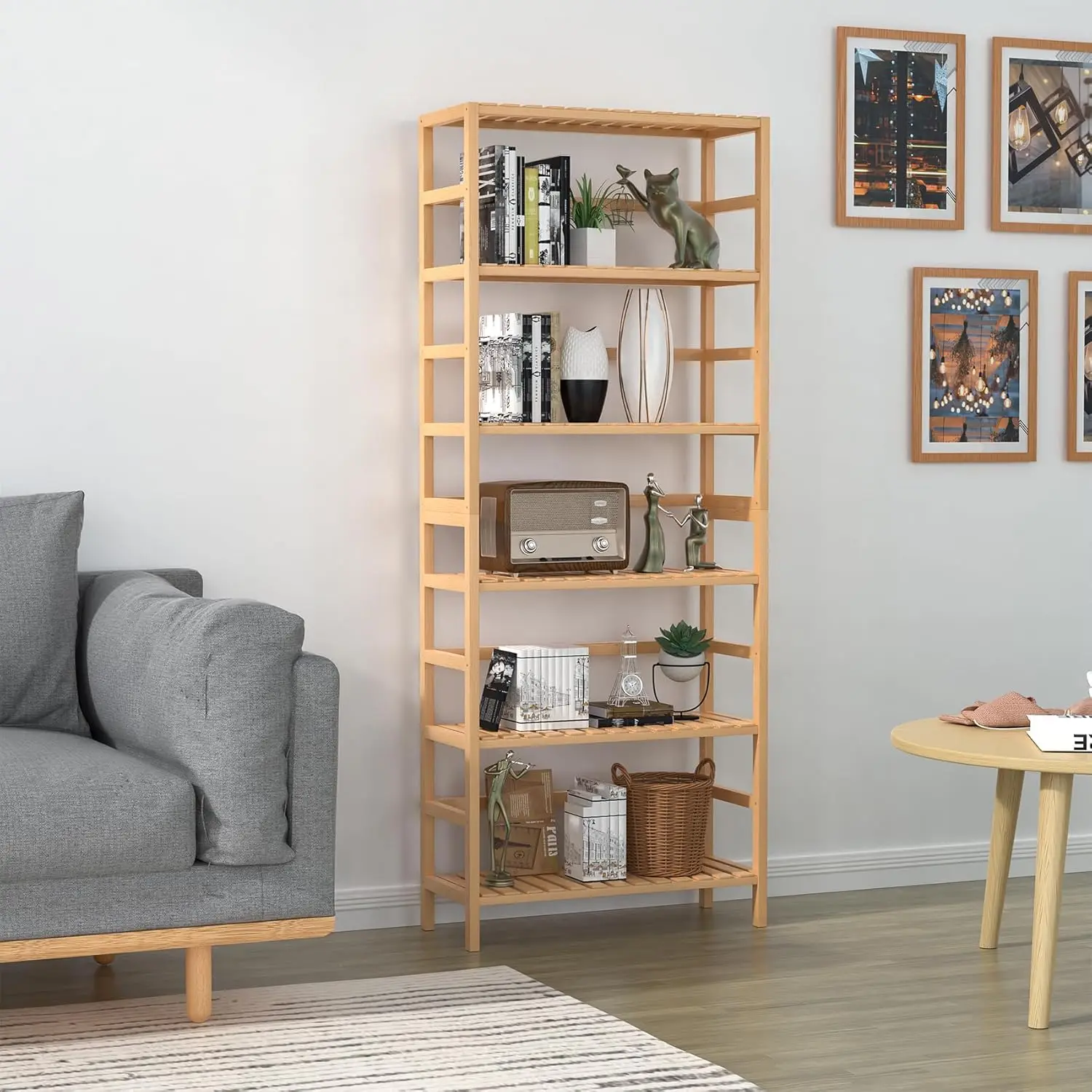 product 6 tier bamboo storage shelves adjustable bookcase with multipurpose display for bathroom or living room-7