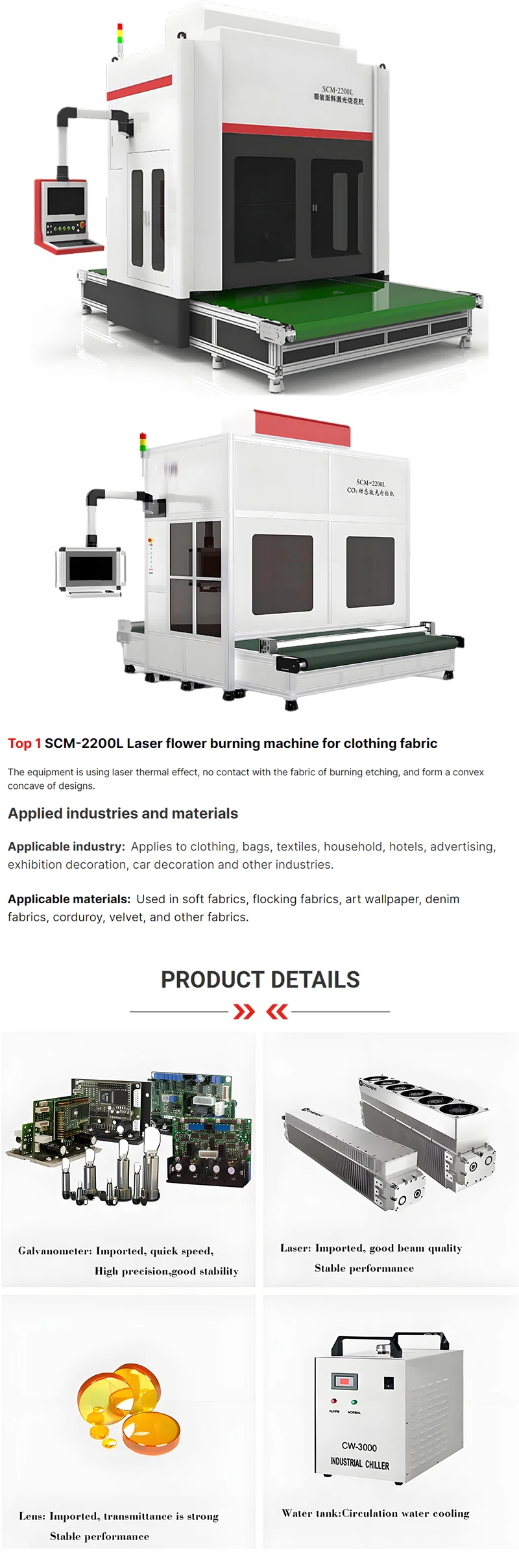 SCM1800L Large Format CO2 Laser Marking Cutting Machine for Mat Fabric Laser Flower Burning New Condition DXF PLT BMP AI