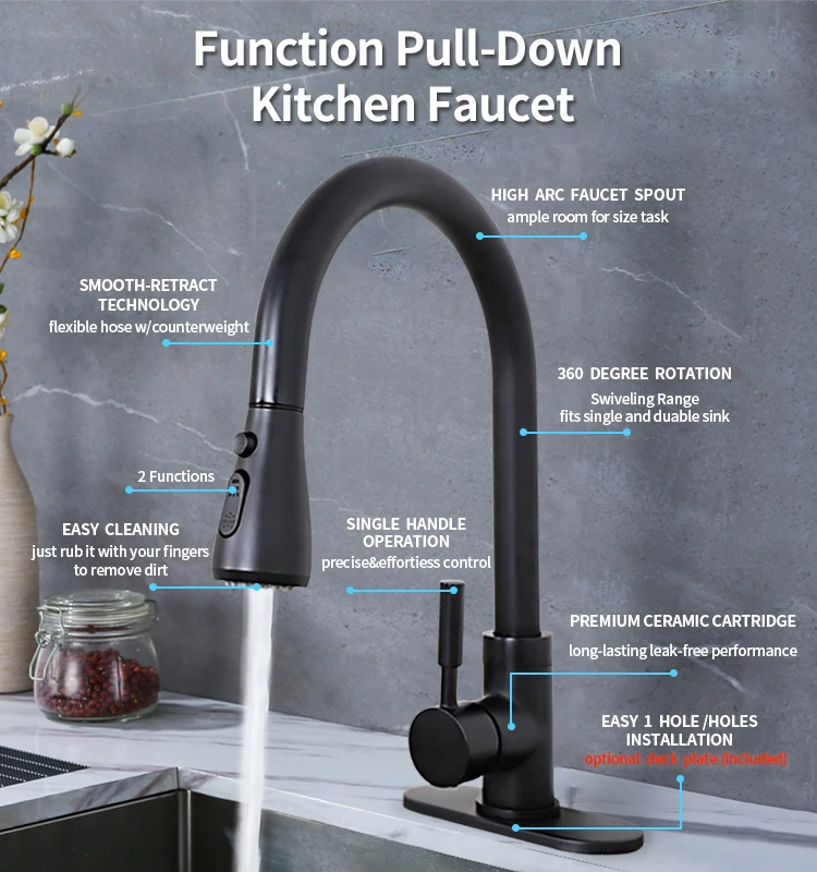 2021 Black stainless steel pull out kitchen faucet flexible hose upc nsf 61-9 kitchen faucet