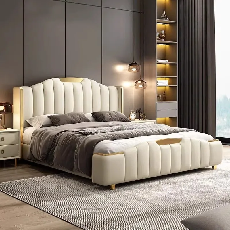 Wholesale Luxury King Size Modern Leather Bed with Gold Stainless Steel Frame High Double Bed Upholstered Leather Headboard