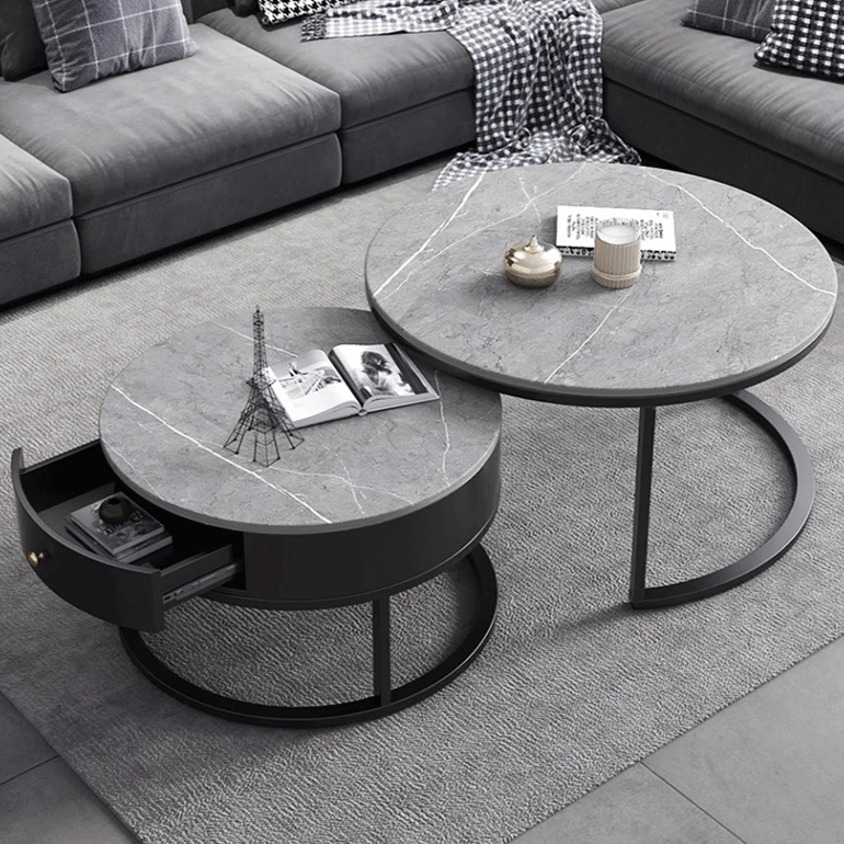 Free shipping nordic stainless steel black leg creative grey marble top coffee table