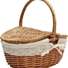Wicker Wood Hot Sale Plastic Kitchen Basket Storage Organizer Bins Round Wicker Picnic Basket With Wood Lid