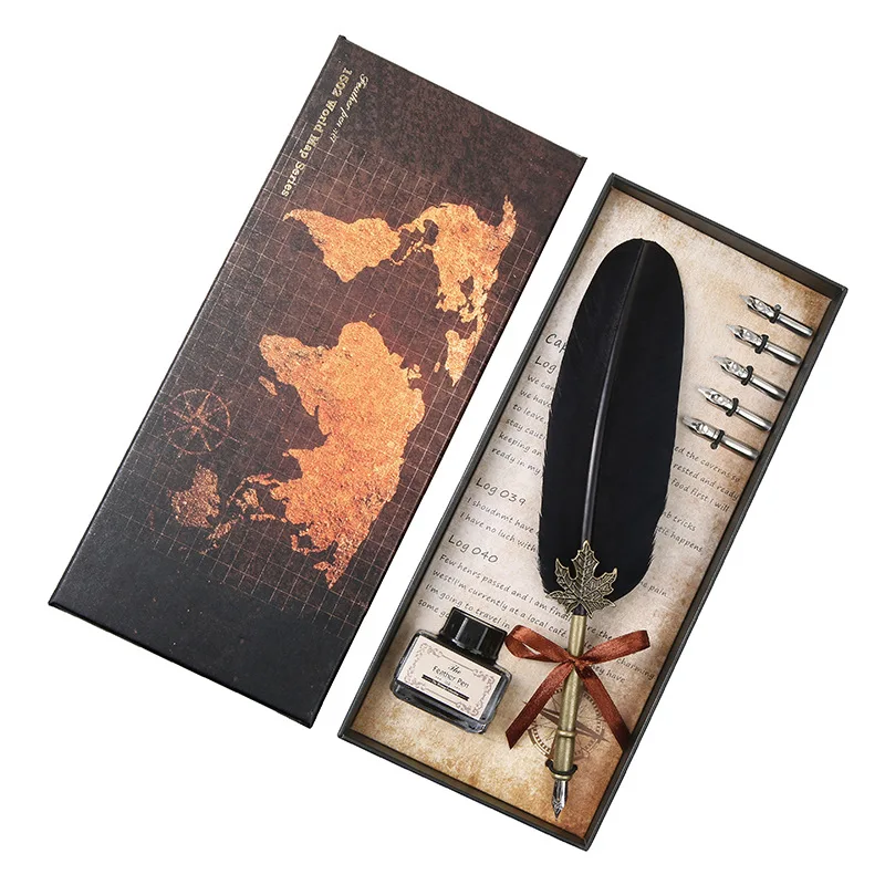 Yihuale Vintage Style Goose Feather Quill Pen with Penholder with Pen Point and Ink Set