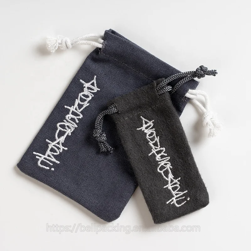 Custom Embroidery Logo Cotton Flannel Drawstring Packaging Pouch Small Dust Bag