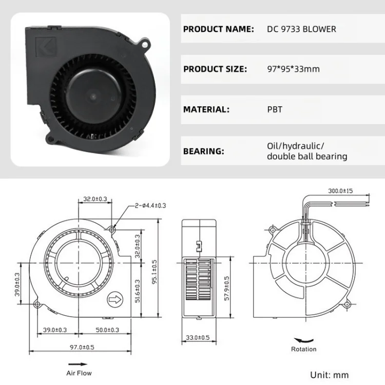 Speed Centrifugal Air Blower, 97mm, 12V, 24V, 36V - detail 8