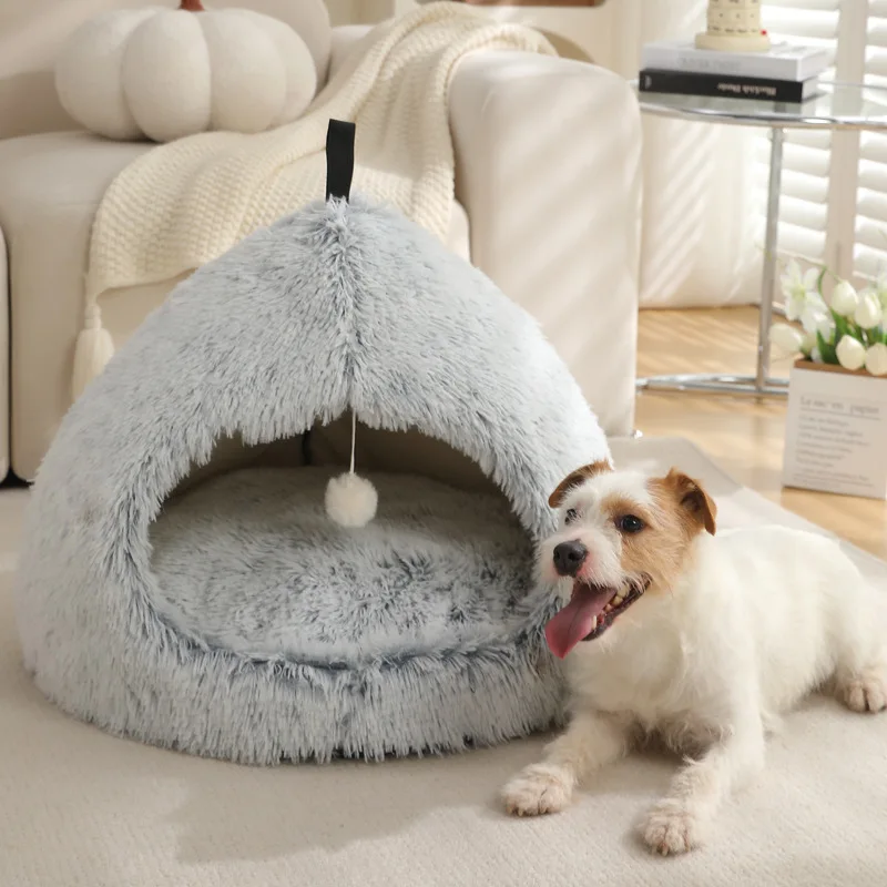 product fluffy dog cat cave bed with ball toys multi colors doggy cat sleeping bed indoor cat house-52