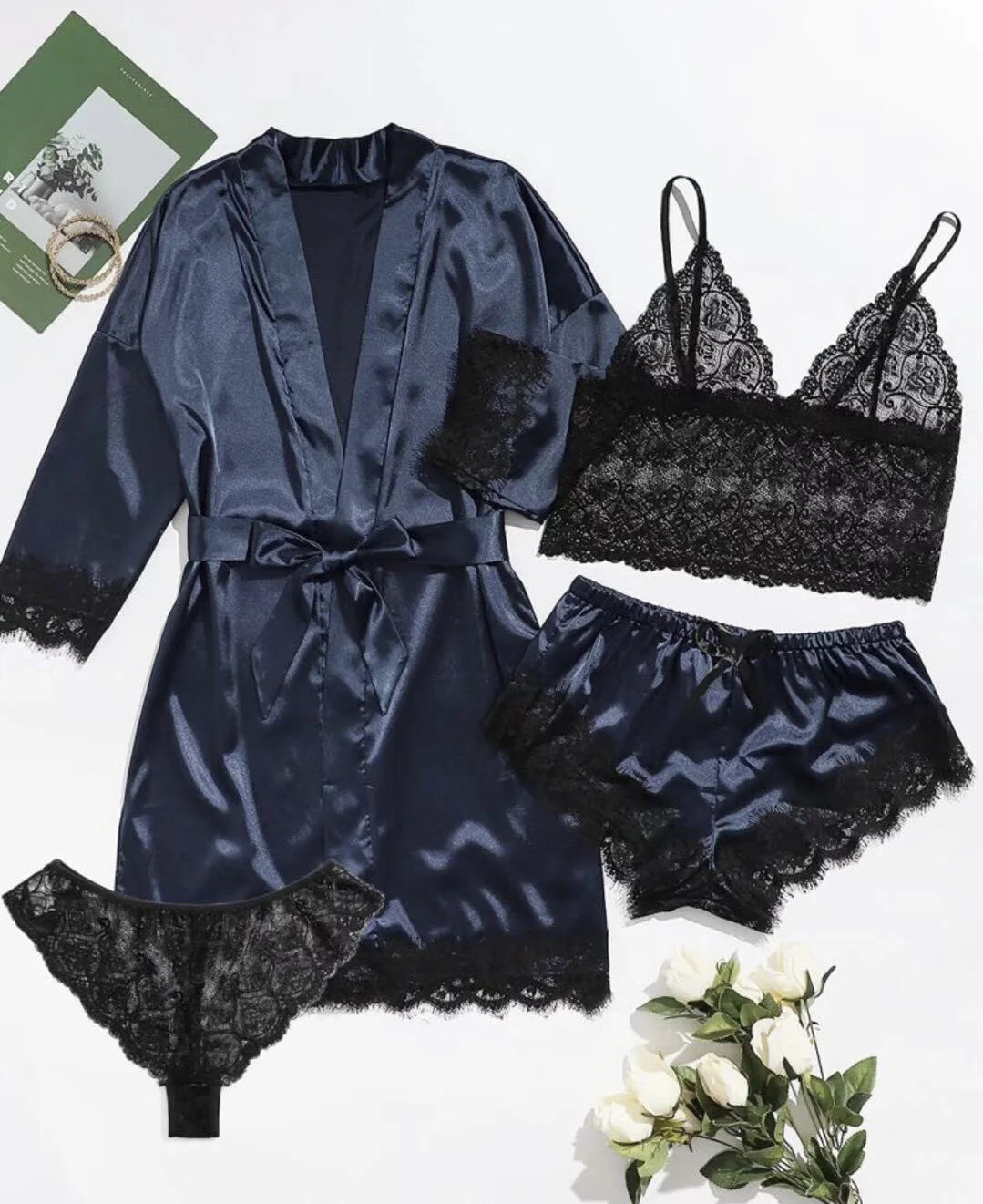 Women Silk Satin Pajamas Set 4pcs Lingerie Floral Lace Cami Sleepwear