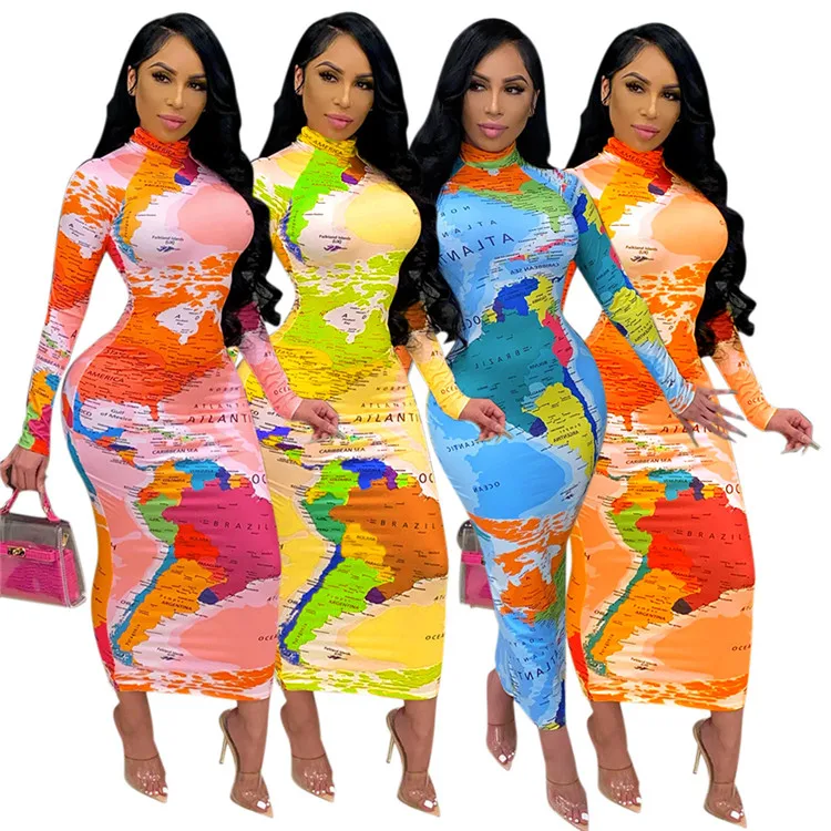 New Fashion Casual Ladies Clothing Long Sleeve World Map Print Tight Spring  Women Midi Dress - Buy New Fashion Casual Women Dress,World Map Print Women  Dress,Spring Women Maxi Dress Product on Alibaba.com