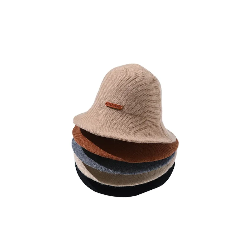 Vpang Winter Knitted Wool Hat Women Bucket Hat Foldable Bow Warm Soft Cloche Cap 