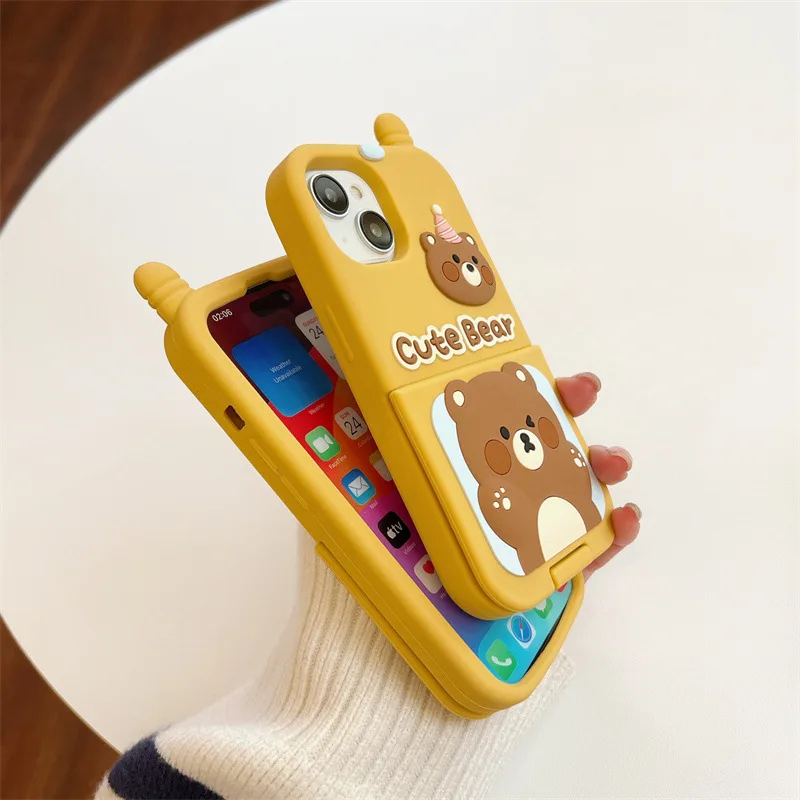 For Apple iPhone15 14 13 12 11 Pro Max Holder Mobile Phone Case Cartoon Cute Bear Mirror Cases Cover