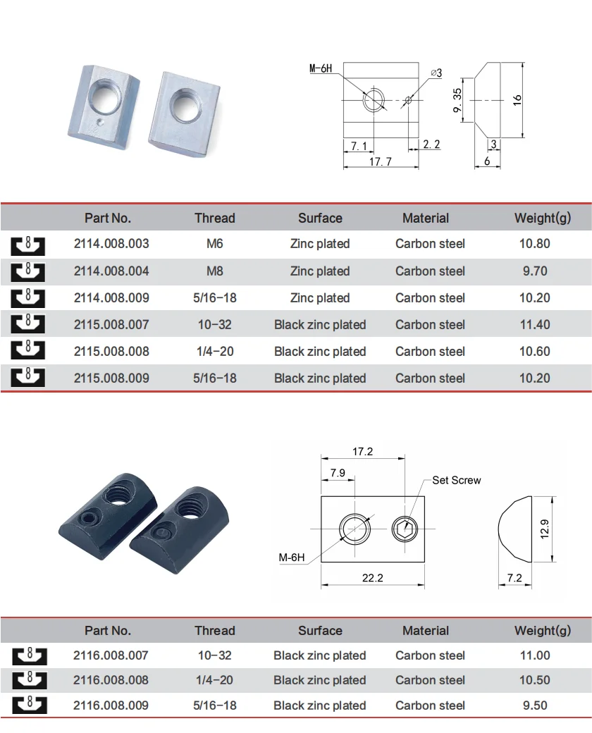 Custom M3 M4 M5 M6 Carbon Steel Sliding T Slot Nuts For 20 30 Series