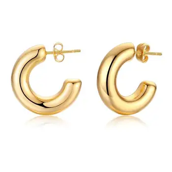 Simple Delicate Stainless Steel Small Gold Thick Bold Hoop Earrings Gold Plated C Studded Bohemian Hoop Earrings