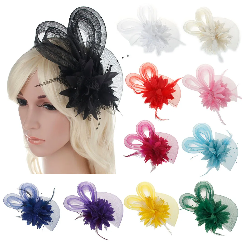 Flower Mesh Ribbons Feathers Headband Tea Party Wedding Church Bridal Headwear for Women Girls Wenini Fascinators Hat for Women 