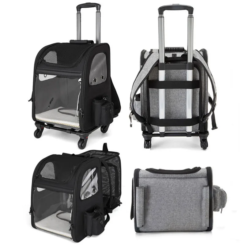 product multifunctional expandable water resistant mesh and visible pvc design pet carrier bag with wheel soft sided comfort travel-49