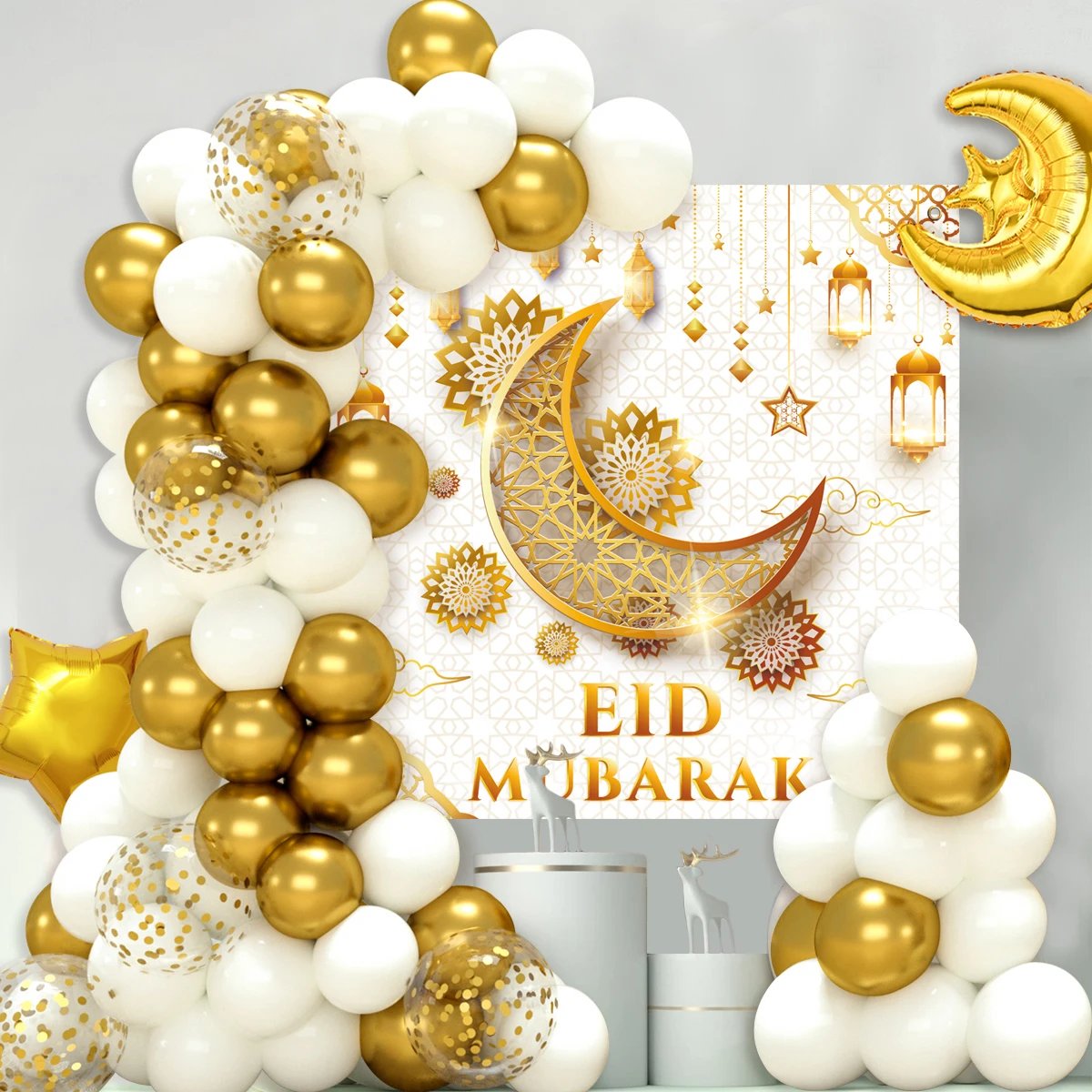 Eid Mubarak White Gold Latex Confetti Balloon Vinyl Backdrop Set