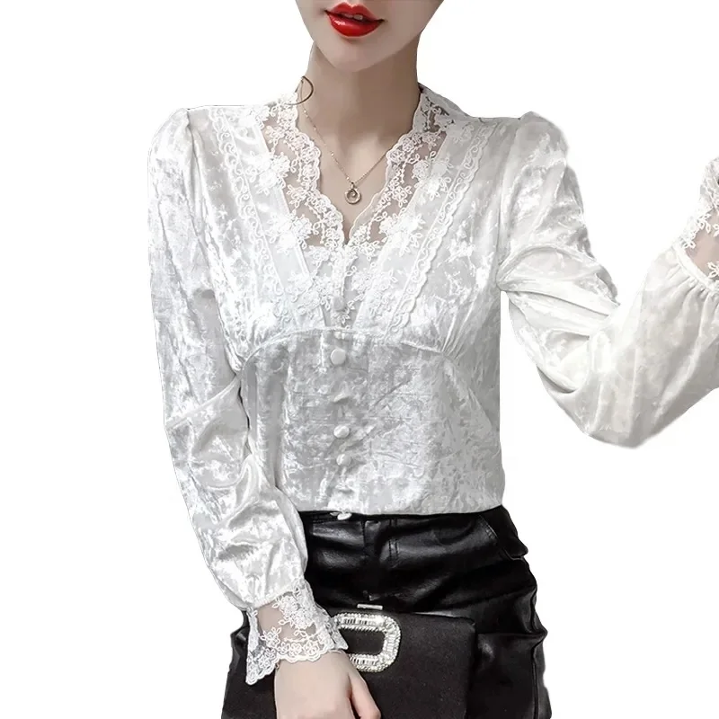 Women's V-neck printed long-sleeved slim fit top Women Blouse Long-Sleeved V-Neck Printed Tops shirts