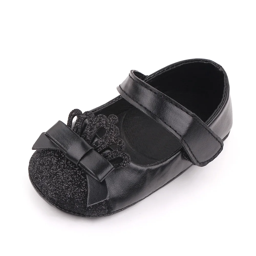 Shiny Solid Color Glitter Crown Bow Decorated Infants Princess Shoes for Baby Girls manufacture