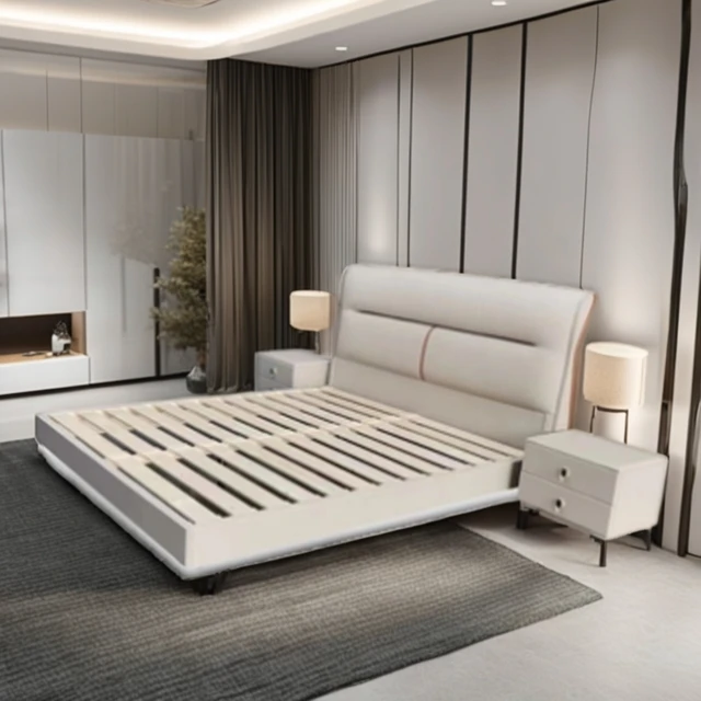 C08# Modern Double King Size Bedroom Furniture High Headboard White Leather Bed Set Wooden Frame Fabric