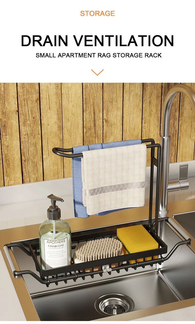 Modern Kitchen Sink Organizer with Telescopic Faucet Organizer Drainer Iron Tray Folding Design for Spoon Storage