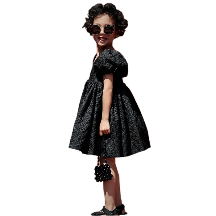 OEM ODM Hot Sell Wholesale Summer Black Puff Short Sleeve Mommy and Me Casual Dresses Family Matching Outfits for Birthday Party