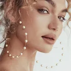 Chain Hoop Women Large Size Round Circle White Pearl Beaded Chain Thin Hoop Earrings
