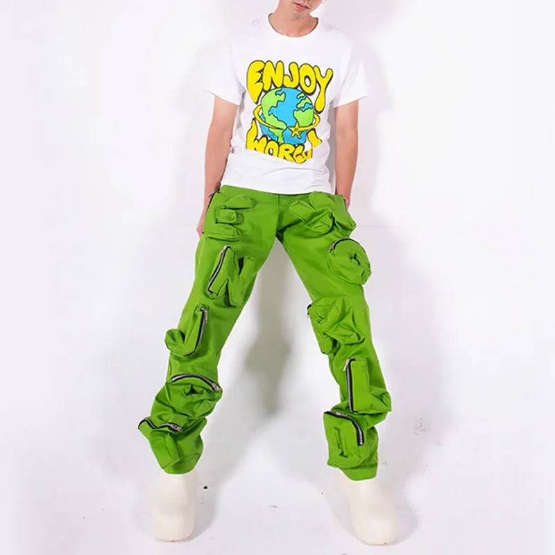 Custom Bright Green Utility Pockets Streetwear Baggy Twill Cargo Pants For Men 13