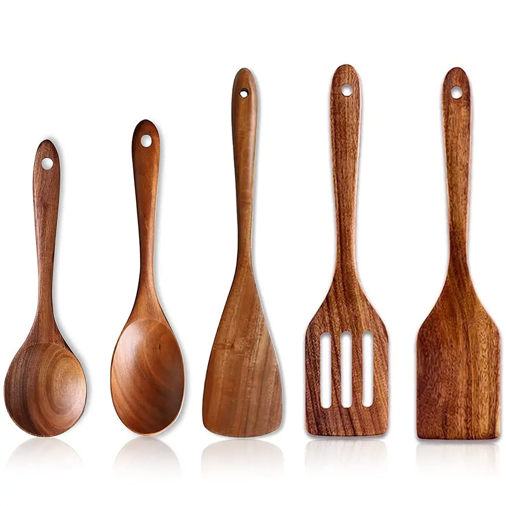 2024 Nonstick Durable homemade Non Scratch Smoothy 5 Pieces Safe Varnish Natural 100% Luxury Teak wooden Spatula Spoon utensils