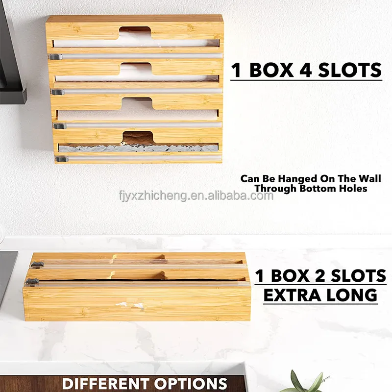 product 4 in 1 wrap dispenser with cutter and labels aluminum foil and wax paper dispenser for kitchen drawer bamboo rol-6