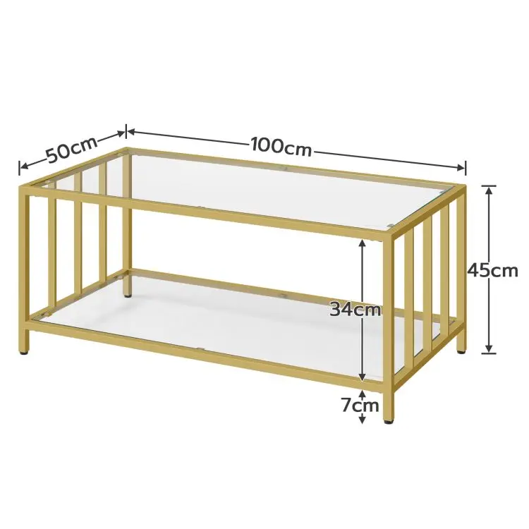 Custom Good Price Square 2-Tiers Glass Coffee Table with Golden Steel Frame Modern Simple Center Table With Open Storage Shelf