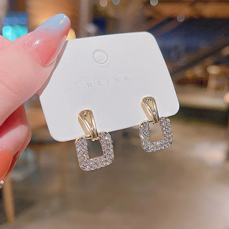 geometry square diamond earrings female temperament sense of luxury personality unique ear studs