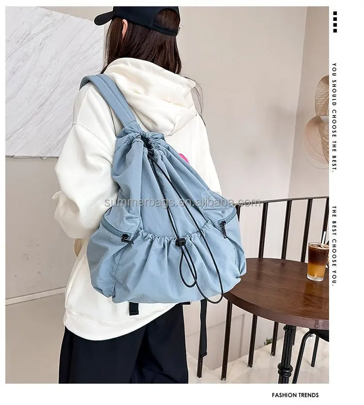 Custom Nylon Leisure Travel Hiking Simple Casual Student Schoolbag Large Capacity Lightweight Drawstring Nylon Backpack