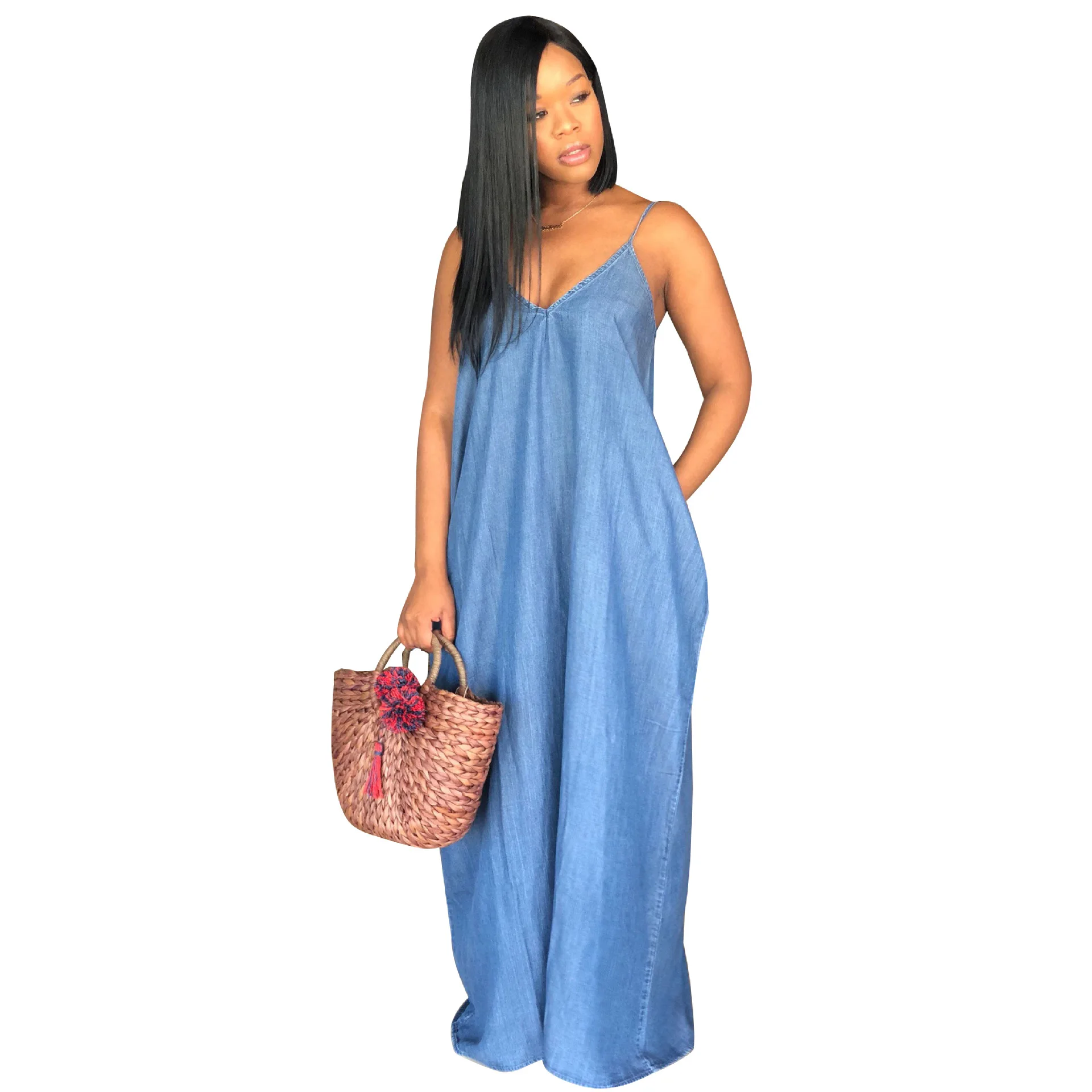 Hot Selling Spaghetti Strap Denim Loose Summer Women Girls' Lady Elegant Sexy Clothes Jean Floor Long Maxi Casual Dress