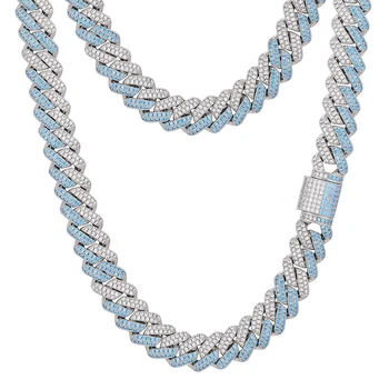 New Arrival Fashion Hip Hop Jewelry 14mm Gold Plated Brass Blue Zircon Diamond Iced Out Miami Cuban Link Chain Necklace