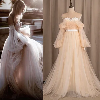 1620T# Real Photos Sweetheart Super Fairy Simple Tulle Applique Long Sleeve Princess Style Off Shoulder Ball Gown Wedding Dress